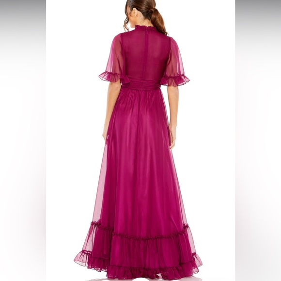 Mac Duggal Ruffled Mock Neck Flutter Sleeve High Low Hem Gown - Picture 2 of 5